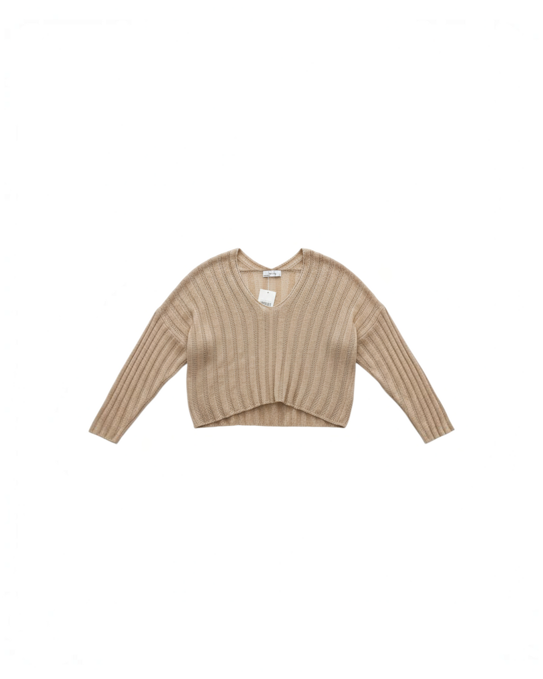Suéter de punto Yanet Collective color beige con cuello en V, textura acanalada y corte relajado de manga larga