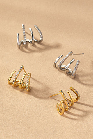 Elegantes Aretes de Aro de Latón con 4 Capas y Pavé de Diamantes de Imitación