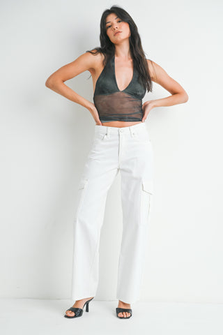 Jeans Cargo Mujer Blanco Pierna Ancha Blanco | Tiro Alto 100% Algodón