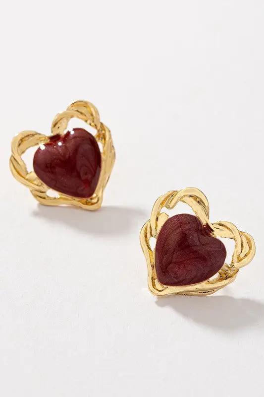 Aretes Stud Corazón Esmaltado con Borde Dorado Trenzado | Estilo Vintage | Marfil y Burdeos by LA3accessories