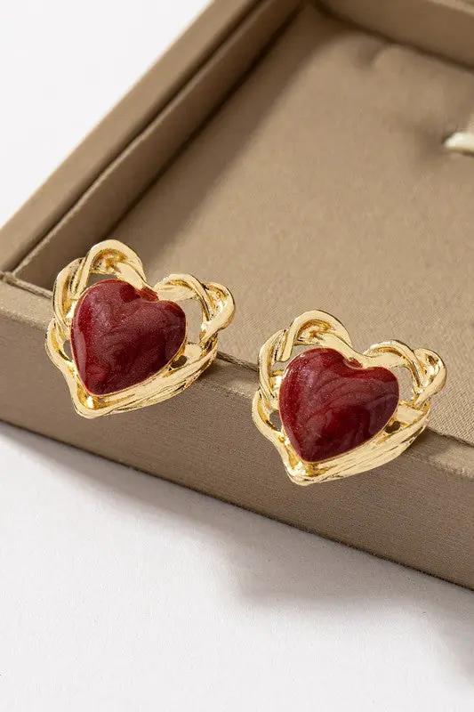Aretes Stud Corazón Esmaltado con Borde Dorado Trenzado | Estilo Vintage | Marfil y Burdeos by LA3accessories
