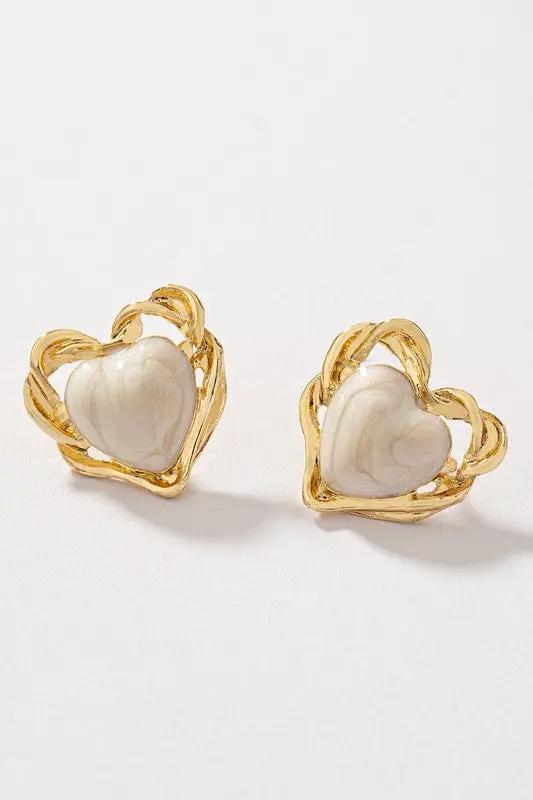 Aretes Stud Corazón Esmaltado con Borde Dorado Trenzado | Estilo Vintage | Marfil y Burdeos by LA3accessories
