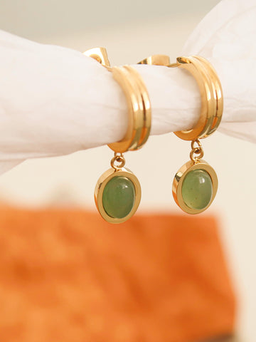 Aretes de Dama Redondos con Piedra Verde en Acero Inoxidable - Moda Mexicana