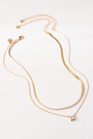 Set de 2 Collares con Colgante CZ Cuadrado y Cadena Herringbone
