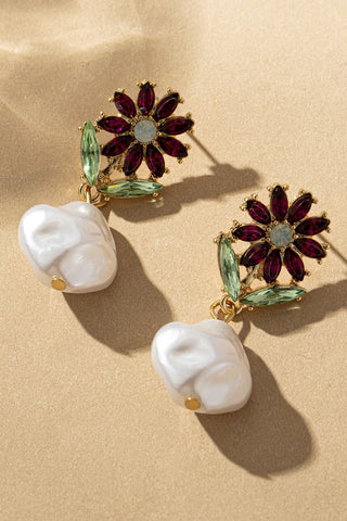 Pendientes de Flores de Cristal con Gota Irregular de Perla