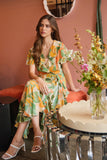 Vestido midi fluido de gasa con volantes y flores grandes