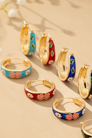Pendientes de aro con flores de cloisonné