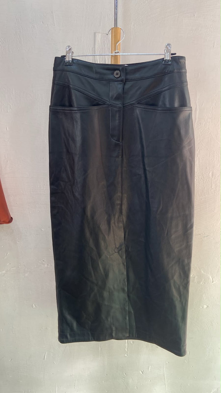 Black High-Waist Leather Midi Skirt with Front Seam