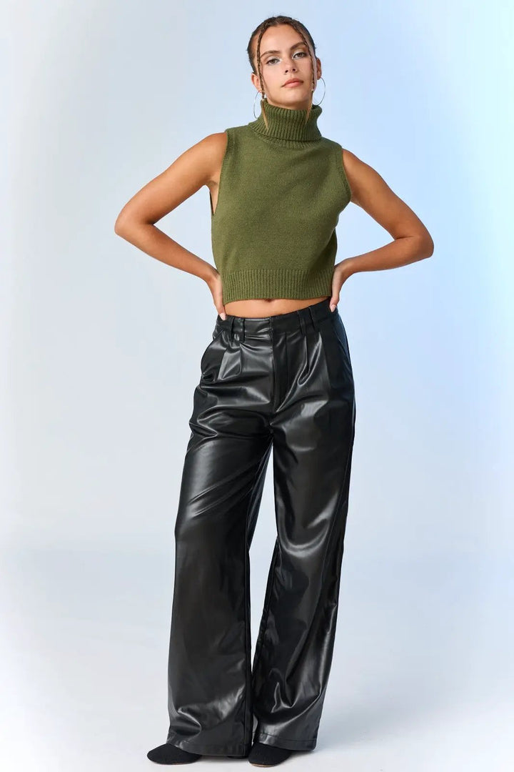 Pantalón Negro Pierna Ancha de Piel Sintética para Mujer by Papermoon