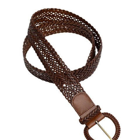 Cinturón Trenzado de Cuero Sintético con Hebilla Redonda: Elegancia Tejida