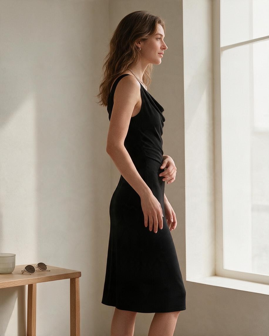 Vestido Midi Negro con Cuello Drapeado y Espalda Escotada - Estilo Boutique