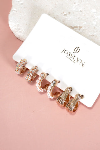 Conjunto de pendientes de aro con trío de perlas y diamantes de imitación martillados