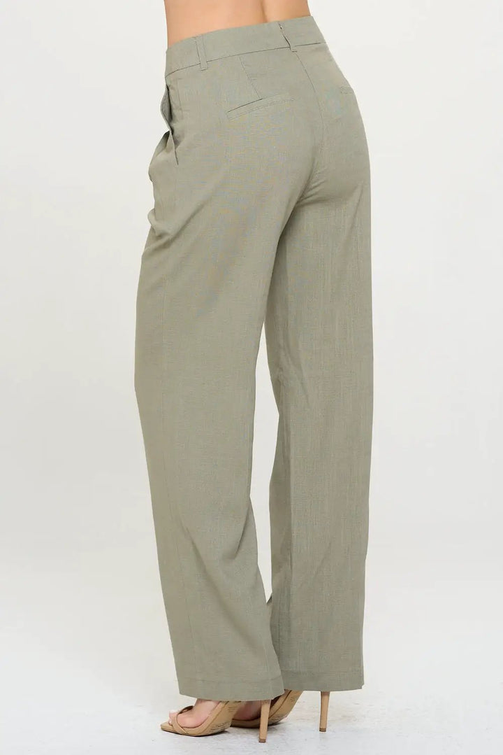 Pantalón de Lino Pin Tuck para Mujer Verde by CHOCOLATE USA