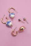 Pendientes de aro Huggie de porcelana y cerámica azul (trío)