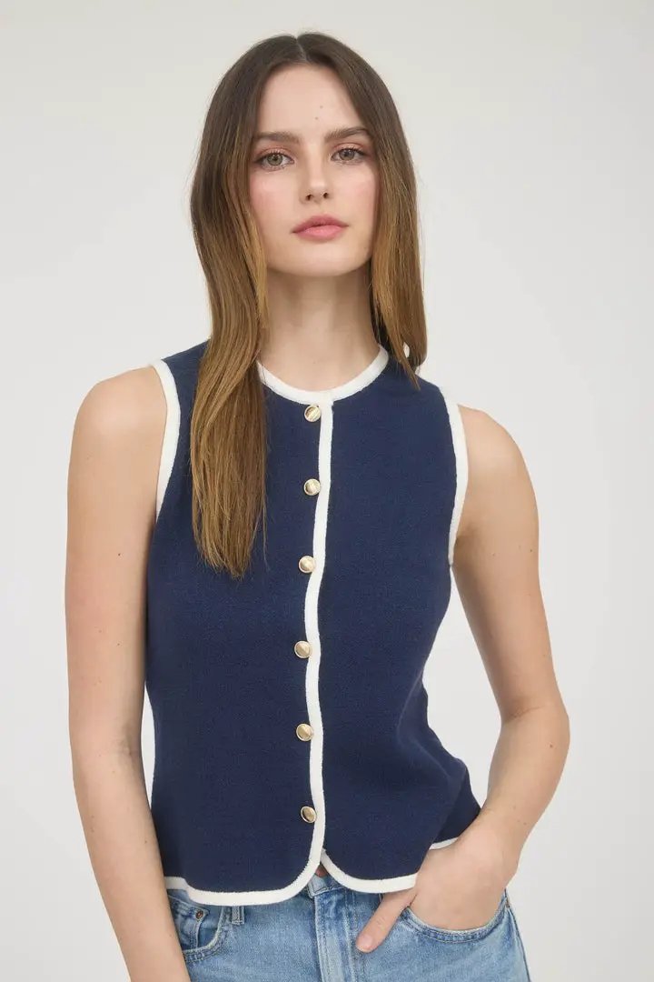 Blusa Top Tejido Azul Contraste Blanco Abotonado by Yanet Collective