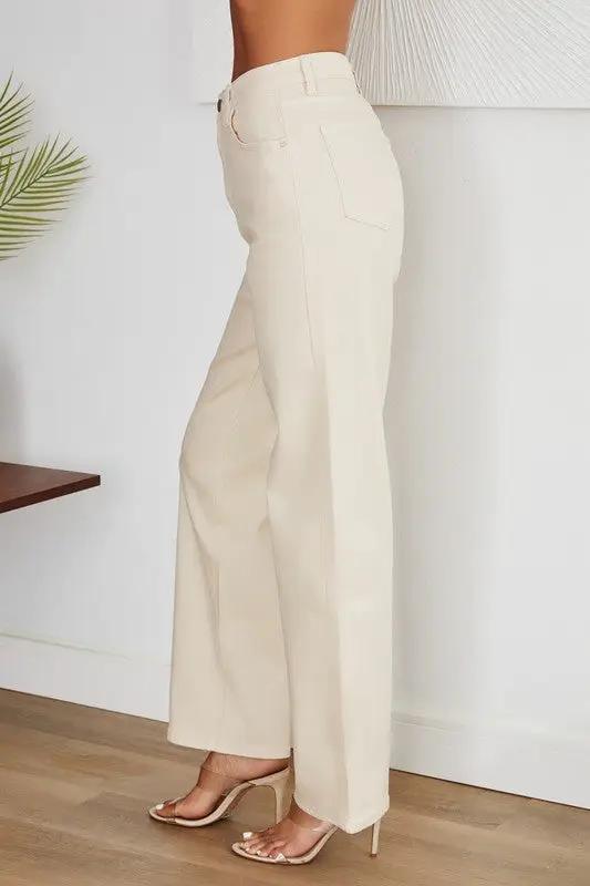 Pantalón Jeans Tiro Alto Corte Recto Mujer Beige Blanco by Yanet Collective