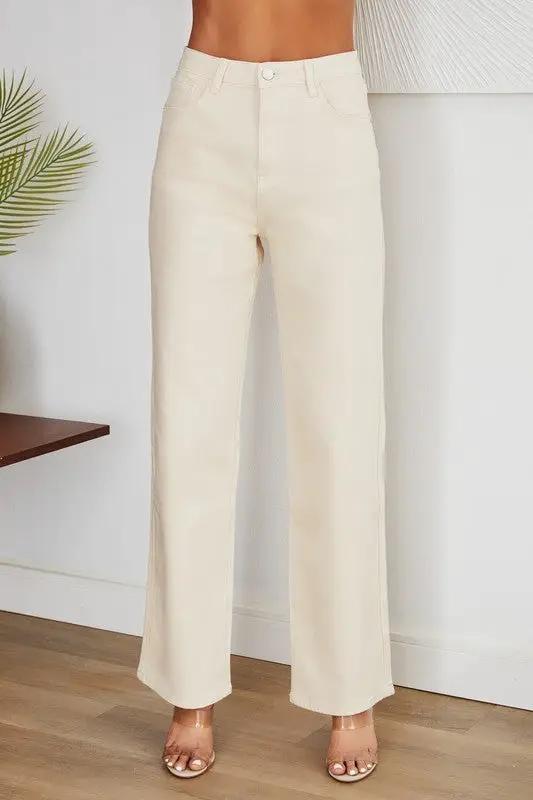 Pantalón Jeans Tiro Alto Corte Recto Mujer Beige Blanco by Yanet Collective