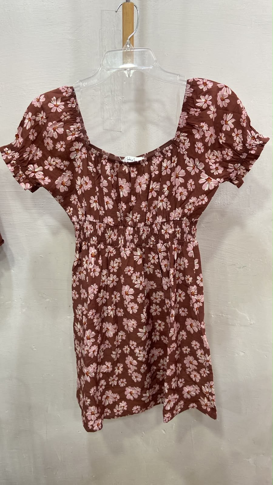Brown Floral Short Sleeve Dress with Smocked Waist