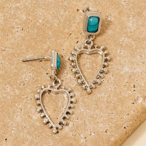 Pendientes Colgantes de Rectángulo Turquesa del Oeste y Corazón Ornamentado