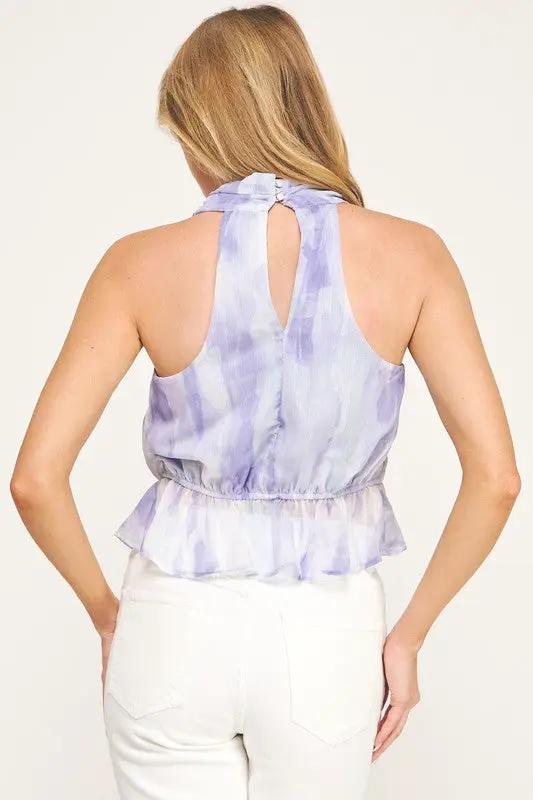 Blusa lila sin mangas estampada con brillo de Yoryu con peplum - Elegancia y estilo by Yanet Collective