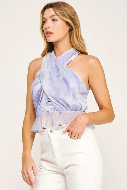 Blusa lila sin mangas estampada con brillo de Yoryu con peplum - Elegancia y estilo by Yanet Collective