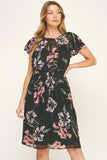 Vestido Negro de Gasa con Estampado Floral y Cintura Fruncida con Volantes