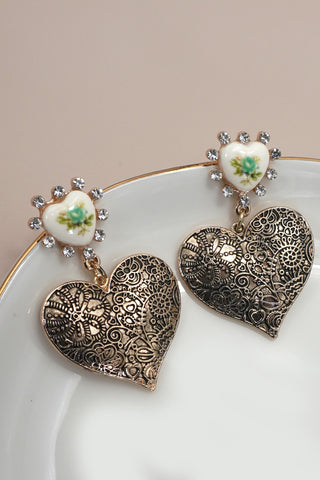 Pendientes colgantes de porcelana vintage con forma de corazón y flores