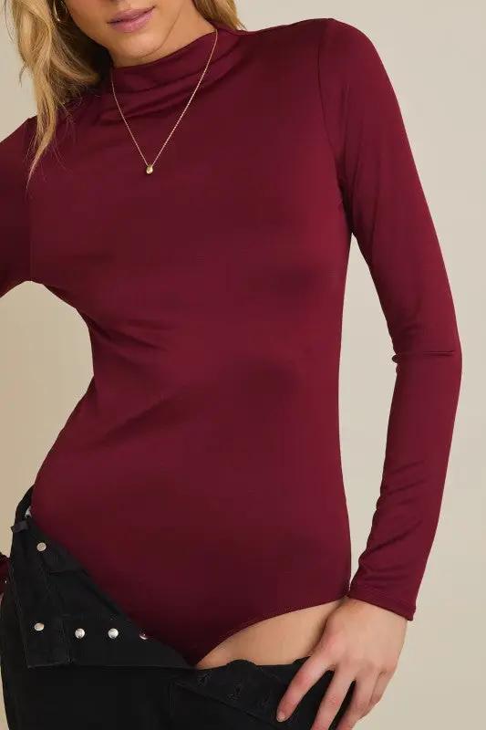 Bodysuit de Manga Larga Cuello Mock para Mujer Burgundy by Gilli