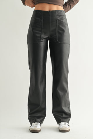 Pantalón Negro Mujer Imitación Piel Vegana | Wide Leg con Bolsillos