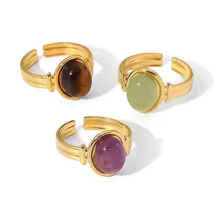 Anillo de Dama Ajustable 18k Oro Laminado Acero Inoxidable con Piedra Natural y Diseño Rayo de Sol by JOSSLYN by Wall to Wall