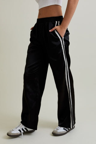 Pantalon pants Satín Negro Mujer Moda Casual Deportivo Elegante con Encaje Lateral