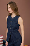 Round Neck Button Down Sleeveless Denim Vest