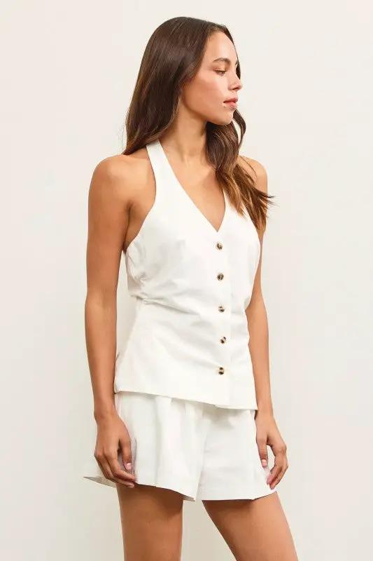 Romper Halter Blanco Mujer Elegante con Botones Mono Corto Sin Espalda blanco by Yanet Collective