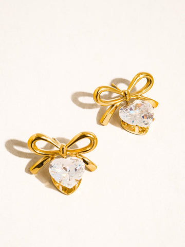 Aretes Melonie-Gold para Dama en Oro 18k con Corazón y Moño Brillante