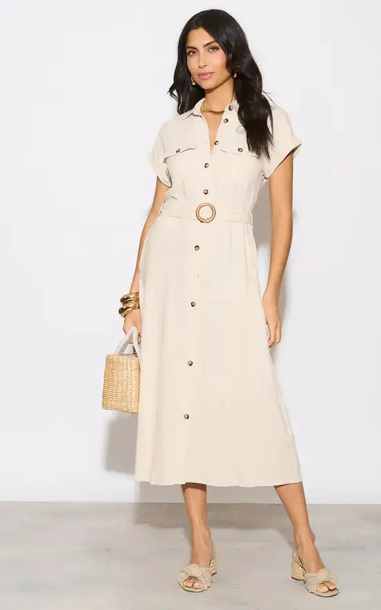Vestido Midi Lino Beige Cinturon Cafe by Yanet Collective