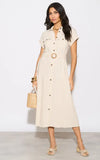 Vestido Midi Lino Beige Cinturon Cafe