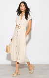 Vestido Midi Lino Beige Cinturon Cafe