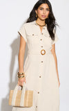 Vestido Midi Lino Beige Cinturon Cafe