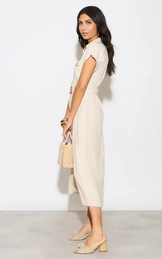 Vestido Midi Lino Beige Cinturon Cafe by Yanet Collective