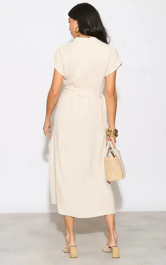 Vestido Midi Lino Beige Cinturon Cafe by Yanet Collective