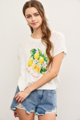Blusa Tejida Estampada Mujer Casual Blanca con Limones