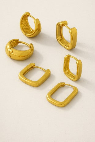 Trio de Aros Huggie de Latón – Forma Geométrica, Acabado Bronce