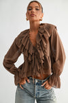 Blusa Mujer Manga Larga Elegante con Volantes y Amarre al Frente