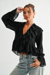Blusa Mujer Manga Larga Elegante con Volantes y Amarre al Frente