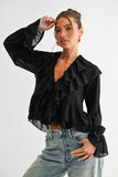 Blusa Mujer Manga Larga Elegante con Volantes y Amarre al Frente
