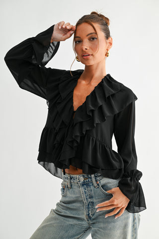 Blusa Mujer Manga Larga Elegante con Volantes y Amarre al Frente
