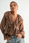Blusa Mujer Manga Larga Elegante con Volantes y Amarre al Frente