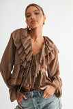 Blusa Mujer Manga Larga Elegante con Volantes y Amarre al Frente