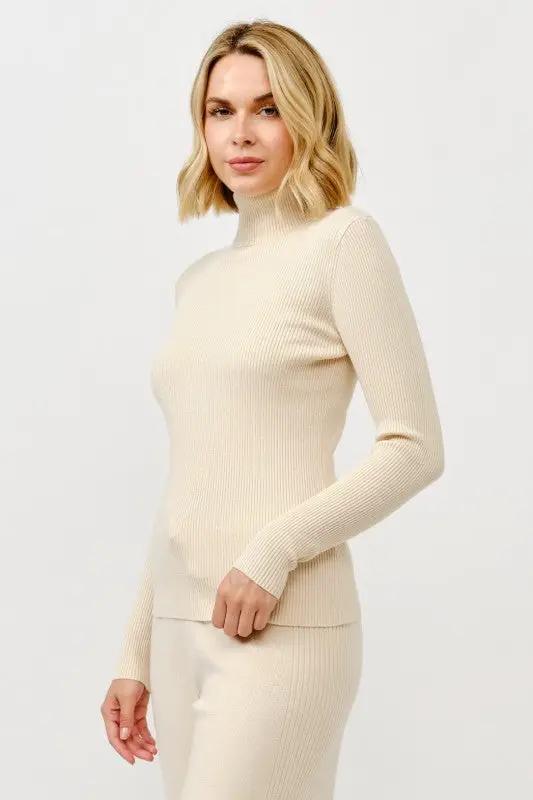 Suéter de Manga Larga Acanalado Cuello Tortuga para Mujer, Colo Khaki Beige by Cielo