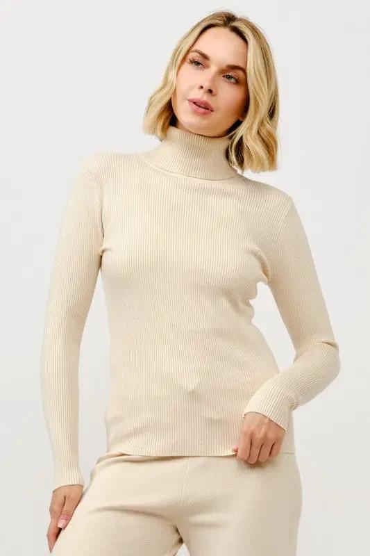 Suéter de Manga Larga Acanalado Cuello Tortuga para Mujer, Colo Khaki Beige by Cielo